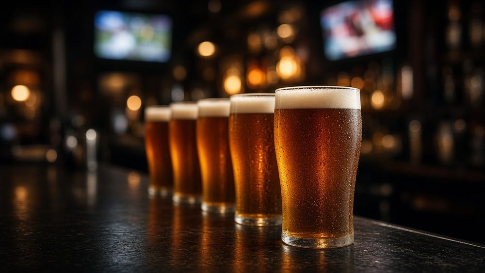 A row of poured beers on the bar, televisions glowing behind.
