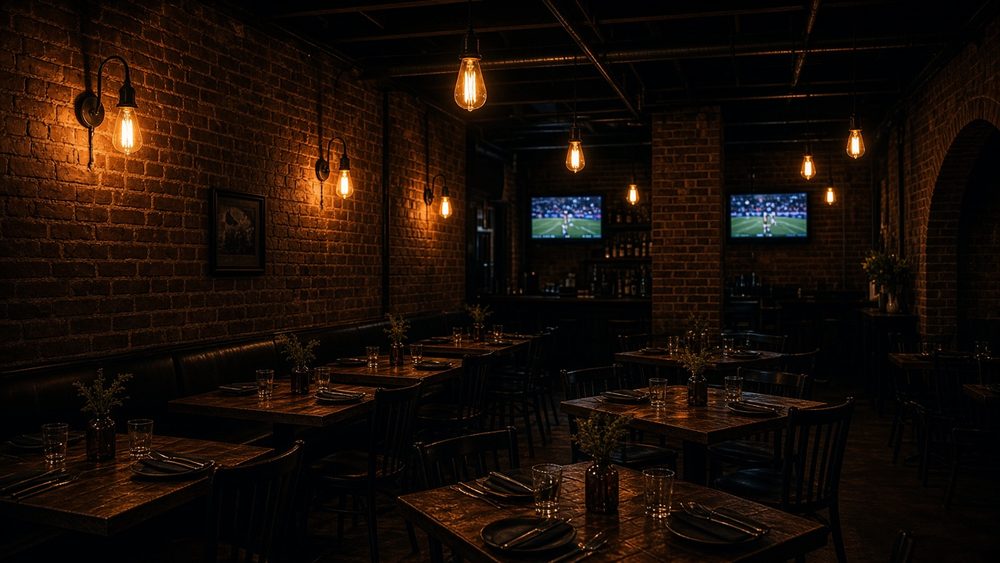 The dining room: exposed brick, Edison bulbs over the tables, televisions on the far wall.